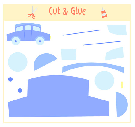 Education paper game for the development of preschool children. Cut parts of the image and glue on the paper. Vector illustration. Use scissors and glue to create the applique. toy carのイラスト素材