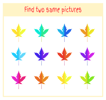 Cartoon Vector Illustration of Finding Two Exactly the Same Pictures Educational Activity for Preschool Children with leaves of the tree.のイラスト素材