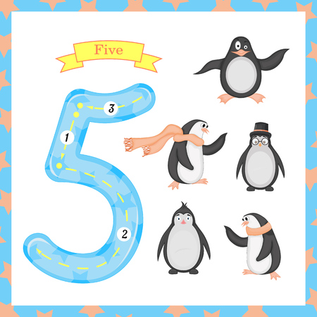 Cute children Flashcard number one tracing with 5 penguins for kids learning to count and to write.のイラスト素材
