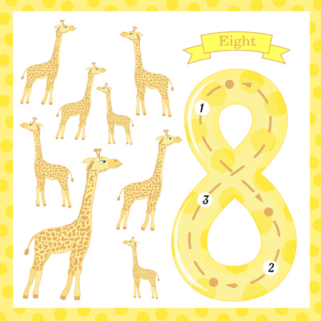 Cute children Flashcard number one tracing with 8 giraffes for kids learning to count and to write.のイラスト素材