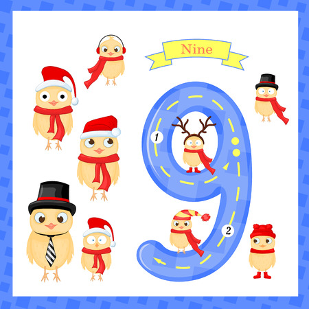 Cute children Flashcard number one tracing with 9 Chicks for kids learning to count and to write.のイラスト素材