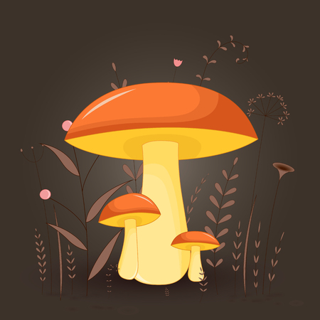 postcard with mushrooms suillus on a floral background with branches and plants.のイラスト素材