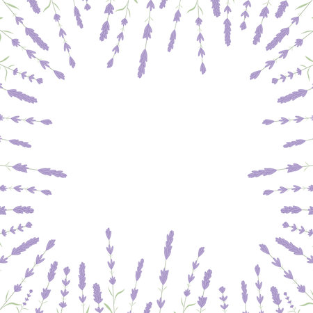 Lavender Card Border Vector. Vintage Label with lavender fragrance. Detailed botanical banner of organic cosmetic, medicine, beauty store, perfume. lavender frame and space in the middle for textのイラスト素材