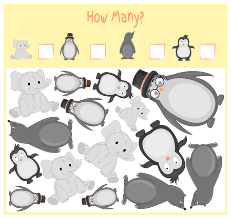 Counting game for Preschool Children. A mathematical Educational game. Count how many items and write the result. Wild and domestic animals. Nature.のイラスト素材