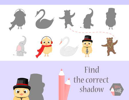Find the correct shadow, education game for children. Cute Cartoon animals and Nature. vector illustration. elephant, bear, chicken, swanのイラスト素材