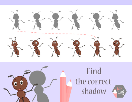 Find the correct shadow, education game for children. Cute Cartoon animals and Nature. vector illustration. antのイラスト素材