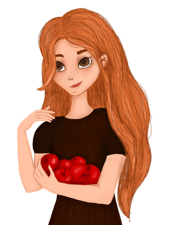 portrait of a cartoon girl with apples in her hands.のイラスト素材