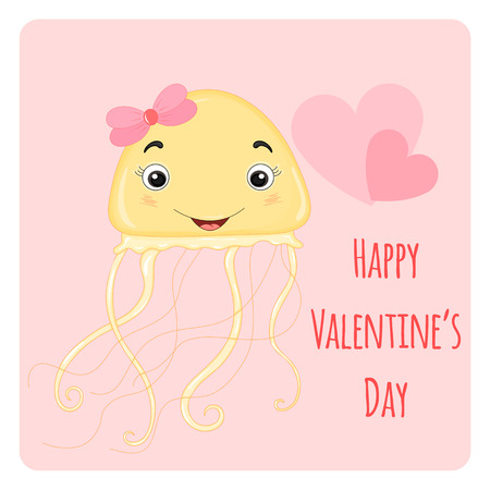 cartoon set with animals and lettering for Valentine's day. stickers in the jellyfishのイラスト素材