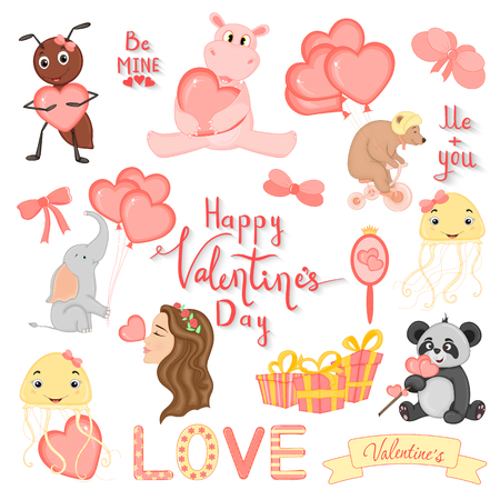 cartoon set with animals and lettering for Valentine's day. stickers in the diaryのイラスト素材