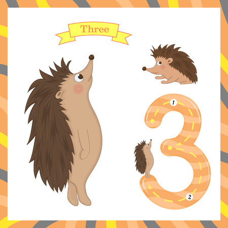 Cute children Flashcard number Three tracing with 3 hedgehogs for kids learning to count and to write.のイラスト素材
