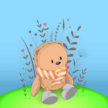 Gift postcard with cartoon animals bear. Decorative floral background with branches and plantsのイラスト素材