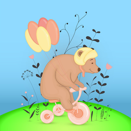 Gift postcard with cartoon animals bear. Decorative floral background with branches and plantsのイラスト素材