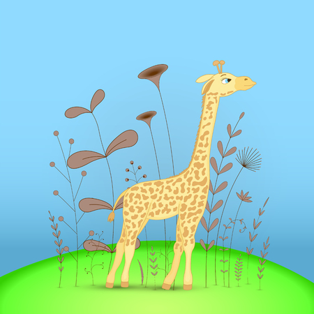 Gift postcard with cartoon animals giraffe. Decorative floral background with branches and plantsのイラスト素材