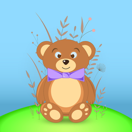 Gift postcard with cartoon animals bear. Decorative floral background with branches and plantsのイラスト素材