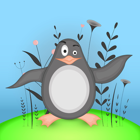 Gift postcard with cartoon animals penguin. Decorative floral background with branches and plantsのイラスト素材