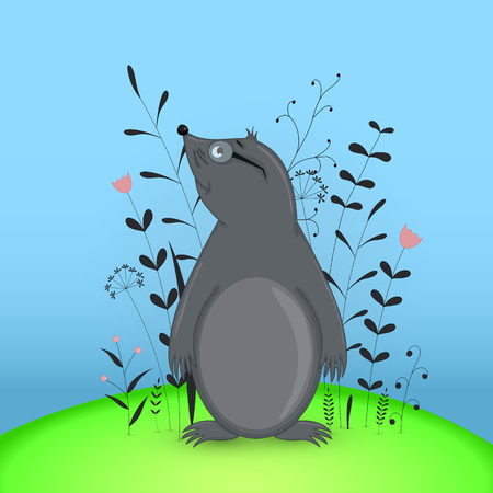 Gift postcard with cartoon animals mole. Decorative floral background with branches and plantsのイラスト素材