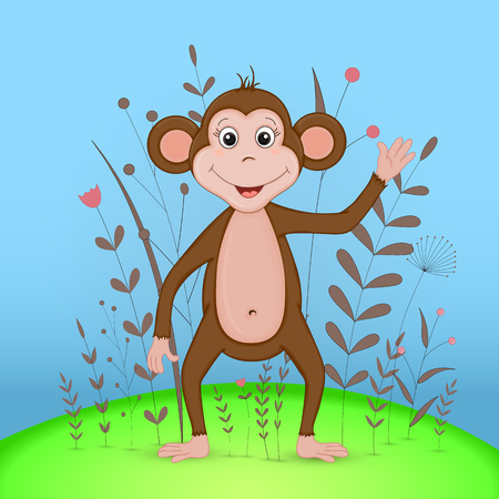 Gift postcard with cartoon animals monkey. Decorative floral background with branches and plantsのイラスト素材