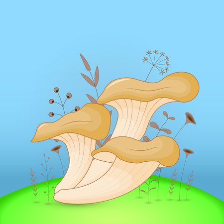 Gift postcard with cartoon animals mushroom. Decorative floral background with branches and plantsのイラスト素材
