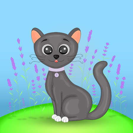 Gift postcard with cartoon animals cat. Decorative floral background with branches and plants.のイラスト素材