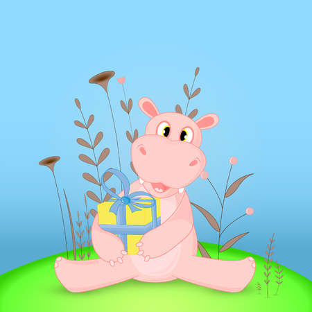 Gift postcard with cartoon animals hippo. Decorative floral background with branches and plants.のイラスト素材