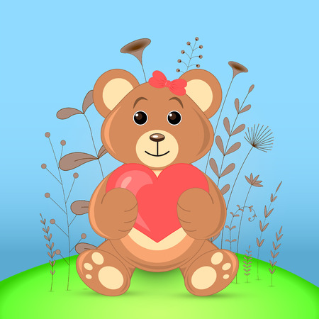 Gift postcard with cartoon animals bear. Decorative floral background with branches and plantsのイラスト素材