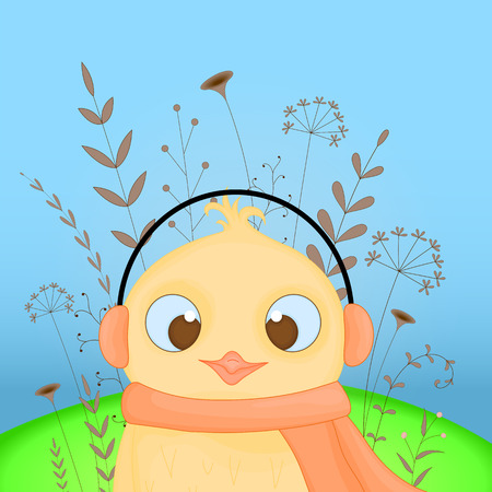 Gift postcard with cartoon animals chicken. Decorative floral background with branches and plantsのイラスト素材