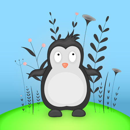 Gift postcard with cartoon animals penguin. Decorative floral background with branches and plantsのイラスト素材