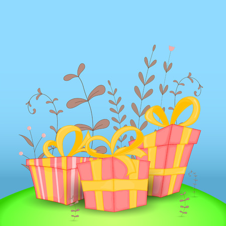 Gift postcard with cartoon animals gift. Decorative floral background with branches and plantsのイラスト素材