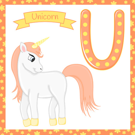 Alphabet Of Animals. U for unicorn. Vector Illustration of happy unicorn. Cute Cartoon Isolated.のイラスト素材