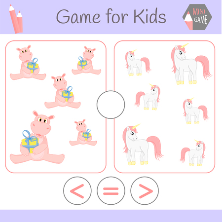 Logic educational game for preschool children.Cartoon funny robots. Choose the correct answer. Greater than, less than or equal to.のイラスト素材