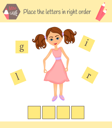 worksheet for preschool kids Words puzzle educational game for children. Place the letters in right order.のイラスト素材