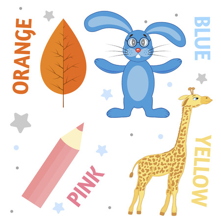 Set of wild animals and insects for children orange, blue, pink, yellow.のイラスト素材