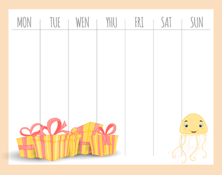 Weekly children's planner with a gift and jellyfish, vector graphics.のイラスト素材