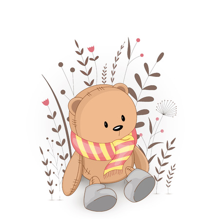 Gift postcard with cartoon animals bear. Decorative floral background with branches and plantsのイラスト素材