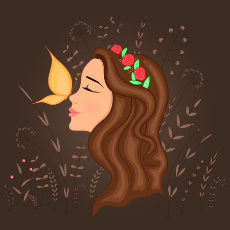 Gift postcard with cartoon beautiful girl in profile with wreath on head and butterfly on nose. Decorative floral background with branches and plants. Postcard with cartoon characters. The layout of the square cardsのイラスト素材