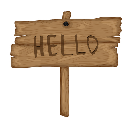 wooden old sign in retro cartoon style isolated on white background. Helloのイラスト素材