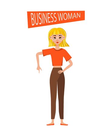 Businesswoman working character design set. The girl shows her hand and forefinger. Vector illustration.のイラスト素材