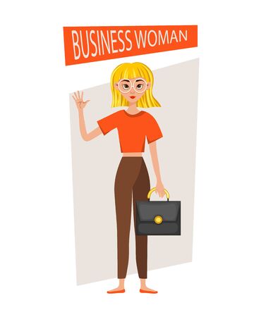 Businesswoman working character design set. The girl shows her hand and forefinger. Vector illustration.のイラスト素材