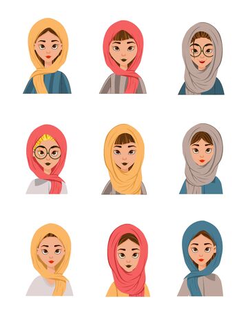 Woman face characters in a scarf on white background. Vector illustration.のイラスト素材