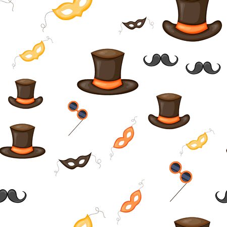 Birthday seamless multicolored pattern with carnival attributes on a white background. Cartoon style. Vector.のイラスト素材