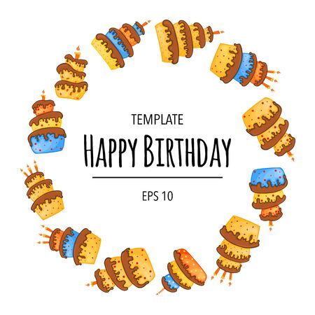 Birthday frame with cakes for holiday card or invitation. Cartoon style. Vector illustrationのイラスト素材