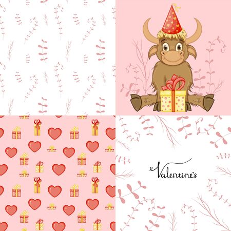 Valentine's Day set with postcard, pattern and template. Cartoon style. Vector illustrationのイラスト素材