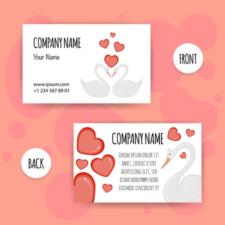 Valentine's Day business cards with cute swans. Cartoon style. Vector illustrationのイラスト素材