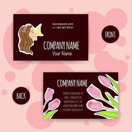 Valentine's Day business cards with cute girl. Cartoon style. Vector illustrationのイラスト素材