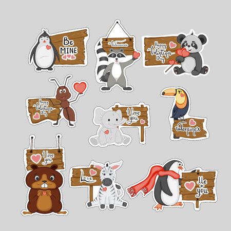Valentine's Day stickers with cute animals. Cartoon style. Vector illustrationのイラスト素材