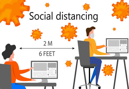Woman sits at a personal computer and studies the latest news about the Coronavirus 2019-nCoV outbreak isolated on a white background. Pandemic epidemiology concept. Vector flat illustration.のイラスト素材