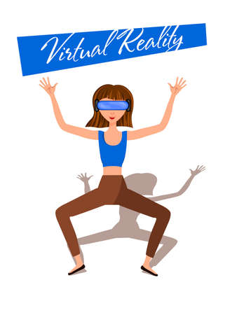 Vector illustration of woman in Virtual Reality headset with move controler.VR helmet.Cartoon realistic people set.Flat young man.のイラスト素材