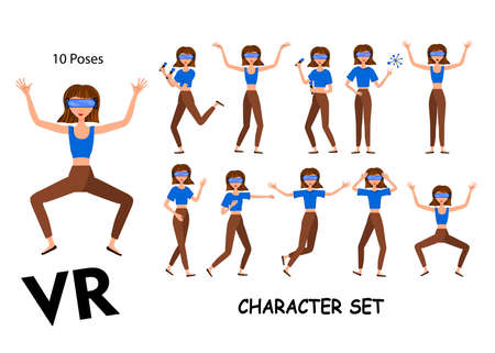 Vector illustration of woman in Virtual Reality headset with move controler.VR helmet.Cartoon realistic people set.Flat young man.のイラスト素材