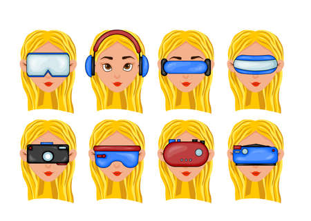Set with a girl in different glasses of virtual reality. Cartoon style. Vector illustration.のイラスト素材