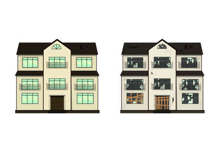 One-storey house before and after repair. Cartoon style. Vector illustrationのイラスト素材